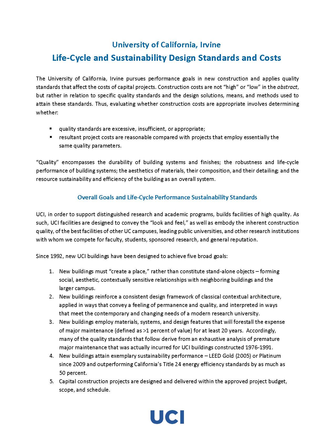 UCI Life Cycle Design Standards and Costs preview