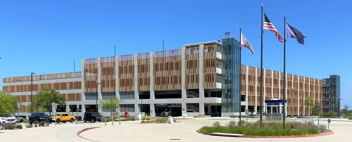 Health Sciences Parking Structure flag poles entrance